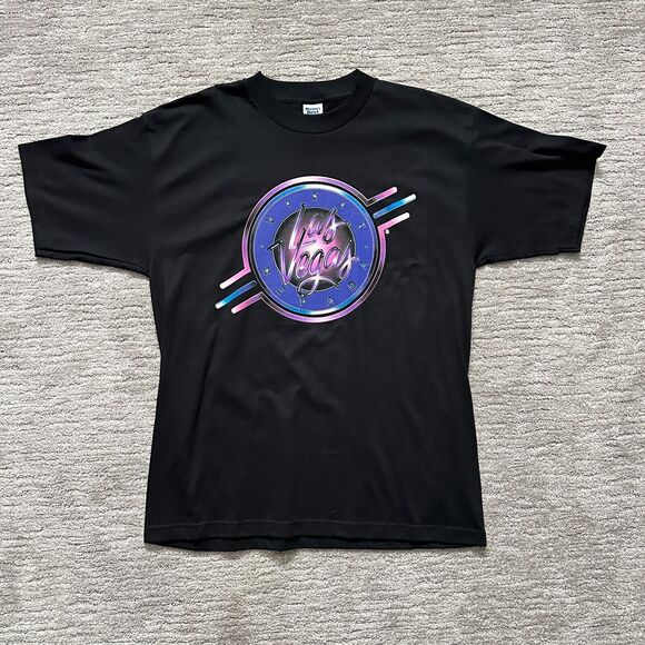 VTG Las Vegas Shirt Mens Xl Black Purple Neon Sign Single Stitch Made in USA 90s - Picture 1 of 9